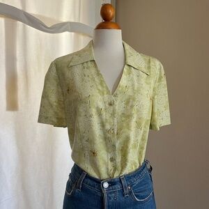 Vintage 100% Silk Diane Von Furstenberg DVF Silk Assets Lime Green Floral Blouse